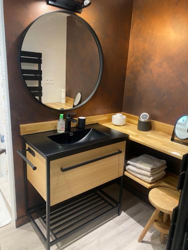 une salle de bain avec un lavabo et un miroir dans l'établissement Maison de village entre lac et montagne, à La Motte-Servolex