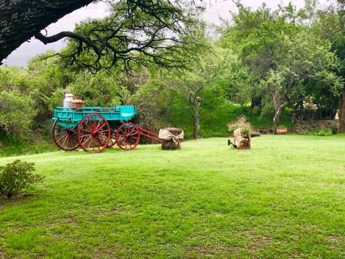 a blue horse drawn carriage in a field at Cabañas La Frontera in Villa General Belgrano