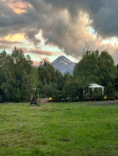 a mountain in the distance with a field and trees at Cabañas Natural Park Lodge Pucón in Pucón