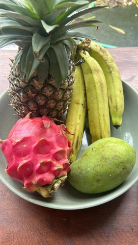 a plate of fruit with a pineapple and a pineapplepectpect at Sobokuna in Dalung