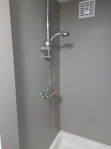 a shower with a glass door in a bathroom at Gîte de la Fourîre in Stoumont