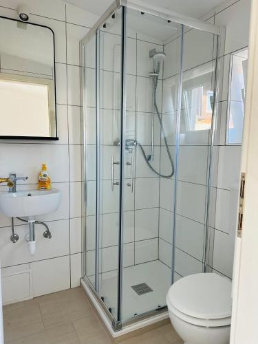 a bathroom with a shower and a toilet and a sink at Bright Side Studios in Ljubljana