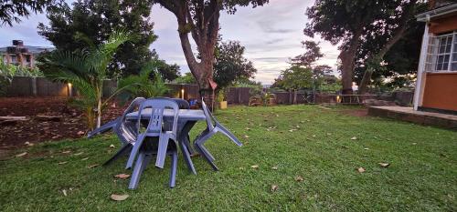 two blue chairs sitting on the grass in a yard at Mambo Number Five in Entebbe
