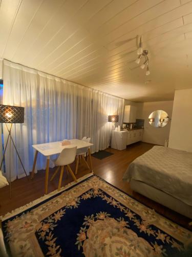 a bedroom with a bed and a desk and a table at Helles Appartment in Bremen