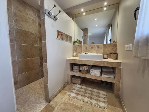 une salle de bain avec un lavabo, une douche et un miroir dans l'établissement VILLA PROVENÇALE entre ANTIBES et CANNES, à Vallauris