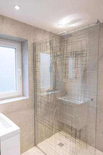 une salle de bain avec une douche avec une porte vitrée dans l'établissement Balcon des Gouttridos, imprenable vue lac 6p, à Gérardmer