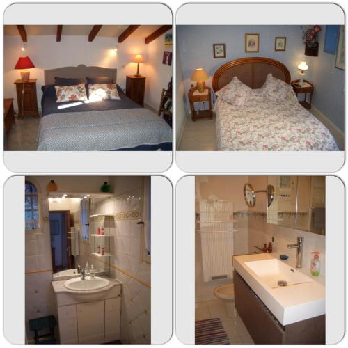 Quatre photos d'une chambre avec un lit et une salle de bains dans l'établissement Villa 190 m2 en bord de mer, à Pietrosella