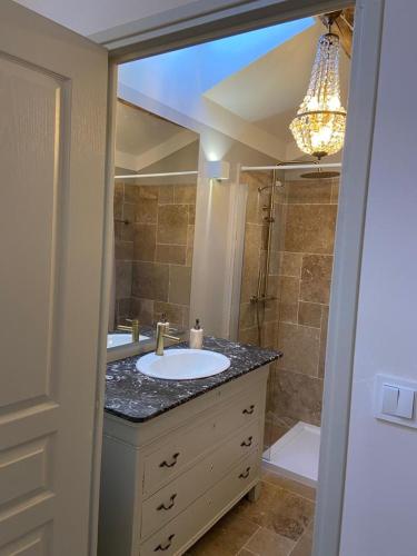 a bathroom with a sink and a shower at Clos d'Aurelia, Gîte de charme in Mérignas