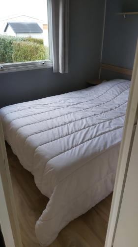 un lit dans une chambre avec une fenêtre dans l'établissement Mobil Home S24 - Camping Phare d'Opale, à Le Portel