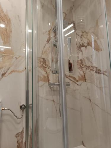 una doccia con una porta in vetro in un bagno di Casa El Papamoscas a Burgos