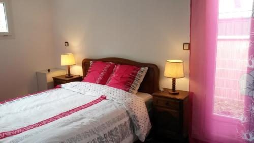 a bedroom with a bed with pink pillows and two lamps at Holiday Home L'atelier in Albi