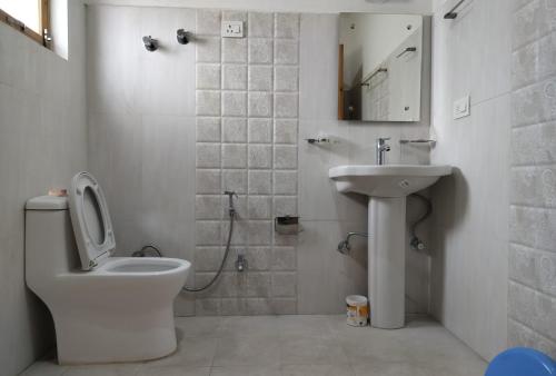 a bathroom with a toilet and a sink at The Elements guest house in Leh