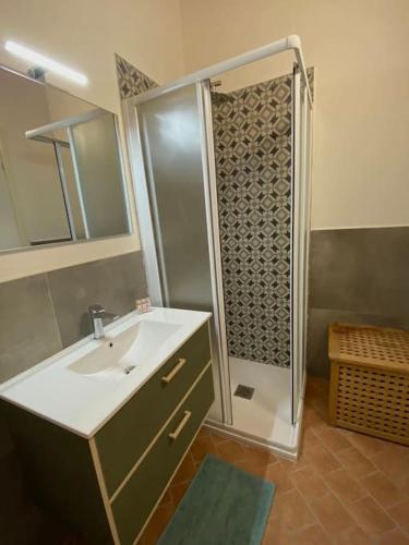 a bathroom with a sink and a shower at Maison di Sarah in Buschi