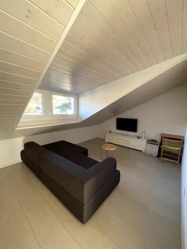 a living room with a black couch and a tv at Residenza Noemi in Bellinzona