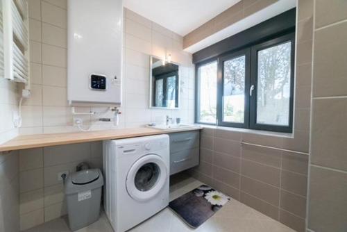 une salle de bain avec une machine à laver et un lavabo dans l'établissement Appartement Fashion Proche Stade Groupama , Eurexpo , LDLC Arena, à Meyzieu