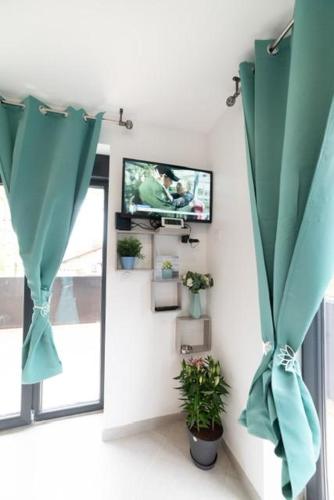 Elle comprend un salon doté de rideaux verts et d'une télévision. dans l'établissement Appartement Fashion Proche Stade Groupama , Eurexpo , LDLC Arena, à Meyzieu