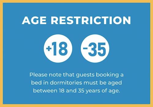 a sign that says age restriction and a bed in donations must be aged between at Hostel Castello Maggiore in Rome