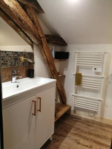 une salle de bain avec un lavabo et une douche dans l'établissement Maison d'artistes avec cour au cœur du vignoble, à Saint-Gengoux-de-Scissé