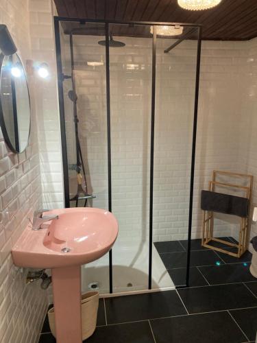 bagno con lavandino rosa e doccia di Chez la Mamé ad Alès