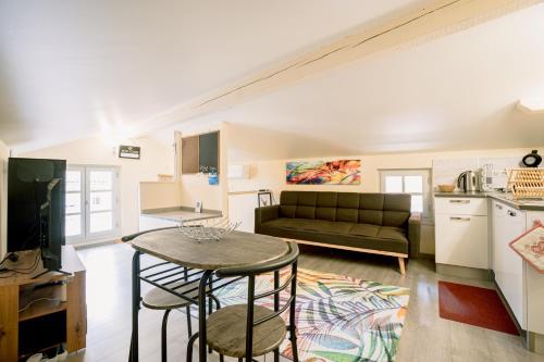 un salon avec un canapé et une table dans l'établissement Centre historique et bord du tarn - clim - unique, à Albi