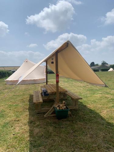 a tent and a bench in a field at Rescorla Retreats - Ivory in St Austell