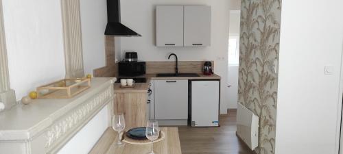 une cuisine avec des armoires blanches et un réfrigérateur blanc dans l'établissement 3- L'Elégant - Sarlat - Centre ville, à Sarlat-la-Canéda