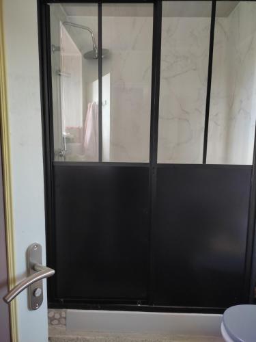La salle de bains est pourvue d'une douche avec une porte en verre noir. dans l'établissement Maison de bourg spacieuse avec terrasse, à Palluau