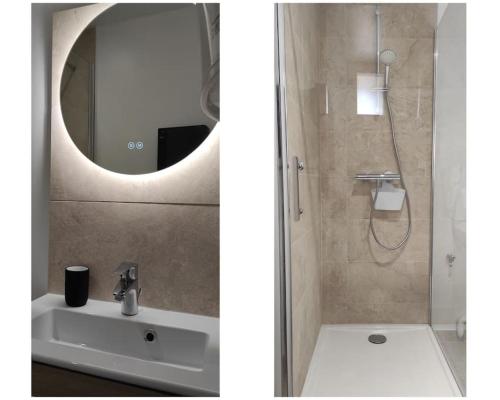 - deux photos d'une salle de bains avec lavabo et miroir dans l'établissement 4- Le Sauvage - Sarlat - Centre Ville, à Sarlat-la-Canéda