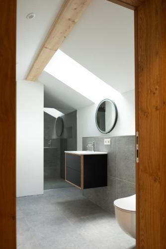 a bathroom with a sink and a mirror at Panorama Chalet in Bayrischzell