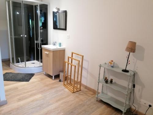 a bathroom with a shower and a sink and a mirror at Gîtes Ferme de la Courbée in Cherbourg en Cotentin