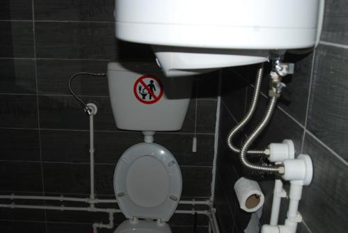 a bathroom with a toilet with a no smoking sign on it at Brvnare Dunja 1 i Dunja 2 in Kraljevo