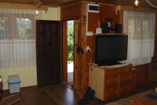 a living room with a television on a wooden dresser at Brvnare Dunja 1 i Dunja 2 in Kraljevo