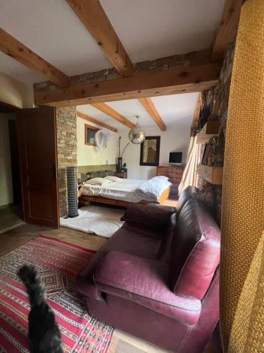 un salon avec un canapé et un lit dans l'établissement Villa au cœur de la Provence, à Évenos