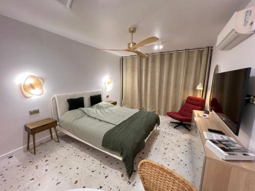 a bedroom with a bed and a desk and a television at APARTAMENTO Mac in La Mata