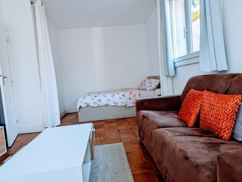 un salon avec un canapé marron et une fenêtre dans l'établissement Magnifique T1 bis à proximité de Paris, à Fontenay-aux-Roses