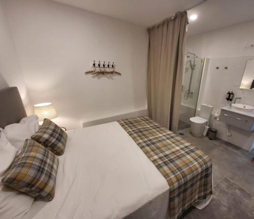 a hotel room with a bed and a bathroom at Provesende Douro Villas in Provesende