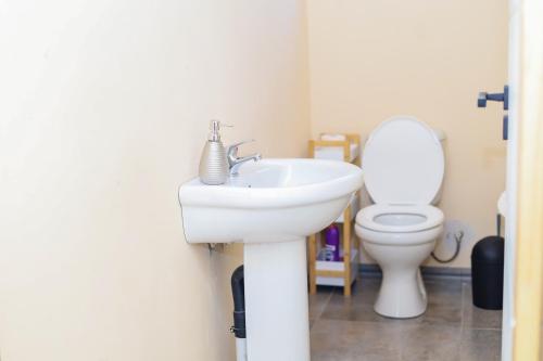 Un baño con un lavabo blanco y un inodoro. en Stylish Self Catering Unit in Maseru CBD, en Maseru