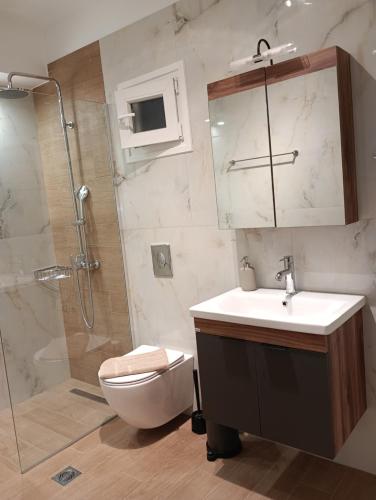 a bathroom with a toilet and a sink and a shower at SeaEsta vasiliki 2 in Póndi