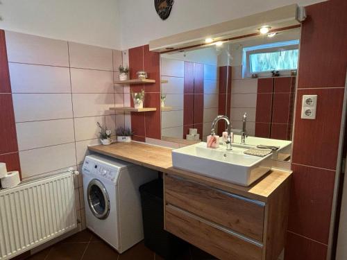 a bathroom with a sink and a washing machine at Levendula Vendégház in Balatonföldvár