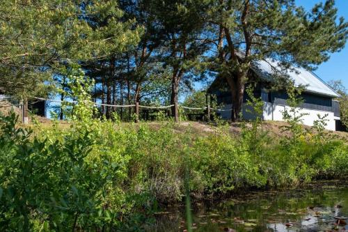 a house on a hill next to a body of water at Summer holiday house Vizuli in Bernāti