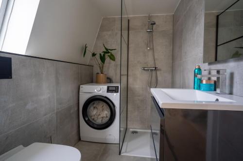a bathroom with a washing machine and a sink at Boven appartement Noard in Workum