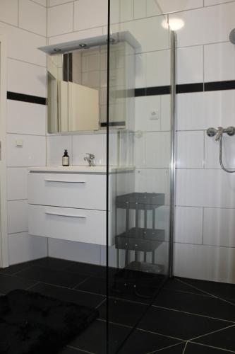 a bathroom with a shower and a sink and a mirror at Großzügiges Zimmer im Zentrum mit 2 Betten in Paderborn