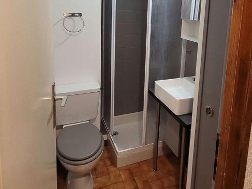 une petite salle de bain avec toilettes et lavabo dans l'établissement Studio rénové de 26m² à Le Grand-Bornand pour 4 personnes - FR-1-458-116, au Grand-Bornand