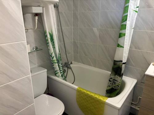 une salle de bain avec toilettes et rideau de douche dans l'établissement Duplex à 300m de la plage, parking privatif, animaux admis - FR-1-465-116, à Merville-Franceville-Plage