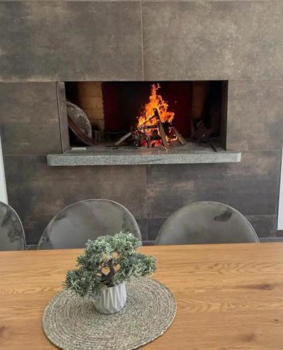 a vase of flowers on a table in front of a fireplace at Luxury Villa Mojito in Široki Brijeg