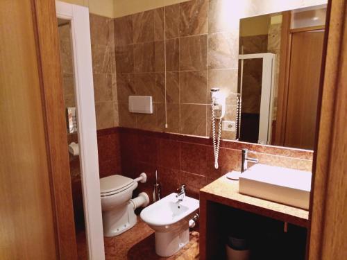 a bathroom with a toilet and a sink and a mirror at Hotel Columbus in Lignano Sabbiadoro