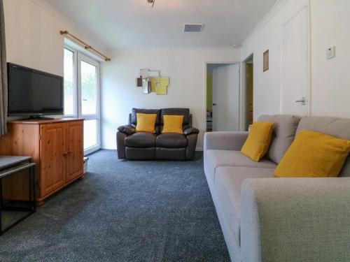 a living room with a couch and a flat screen tv at Beekeepers Cottage in Liskeard