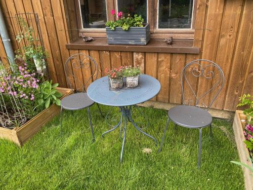 a table and chairs in the grass with some plants at Waldblick - Holiday home with wellness in Ouren in Burg-Reuland