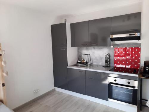 - une cuisine avec des placards gris et une cuisinière dans l'établissement Studio au cœur du crotoy avec vue sur la baie!, au Crotoy