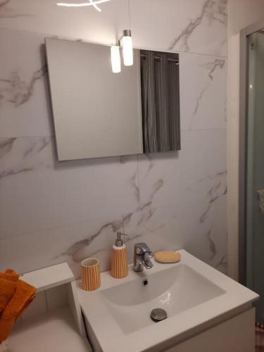 une salle de bain avec un lavabo blanc et un miroir dans l'établissement Studio au cœur du crotoy avec vue sur la baie!, au Crotoy
